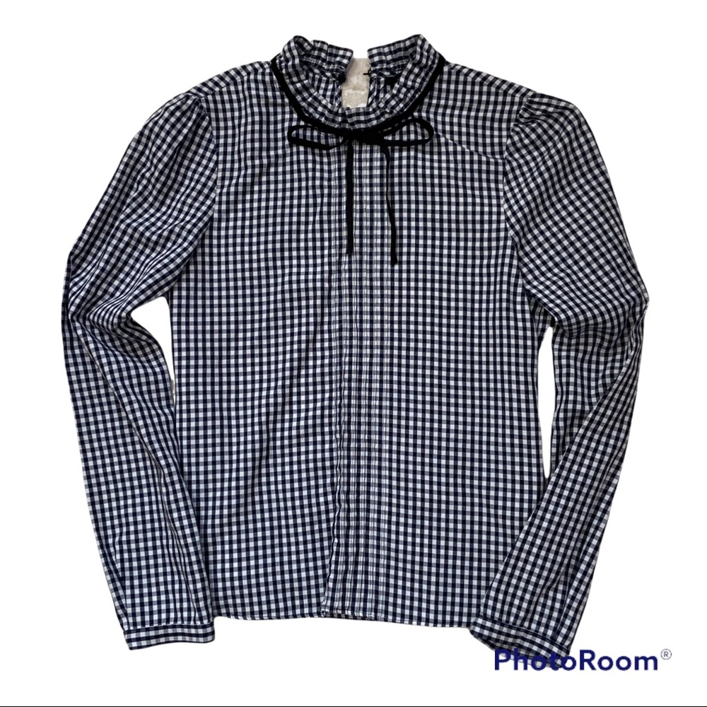 ZARA NWT Gingham Ruffle Neck Velvet Ribbon Bow Ties Blouse Women’s Size XS